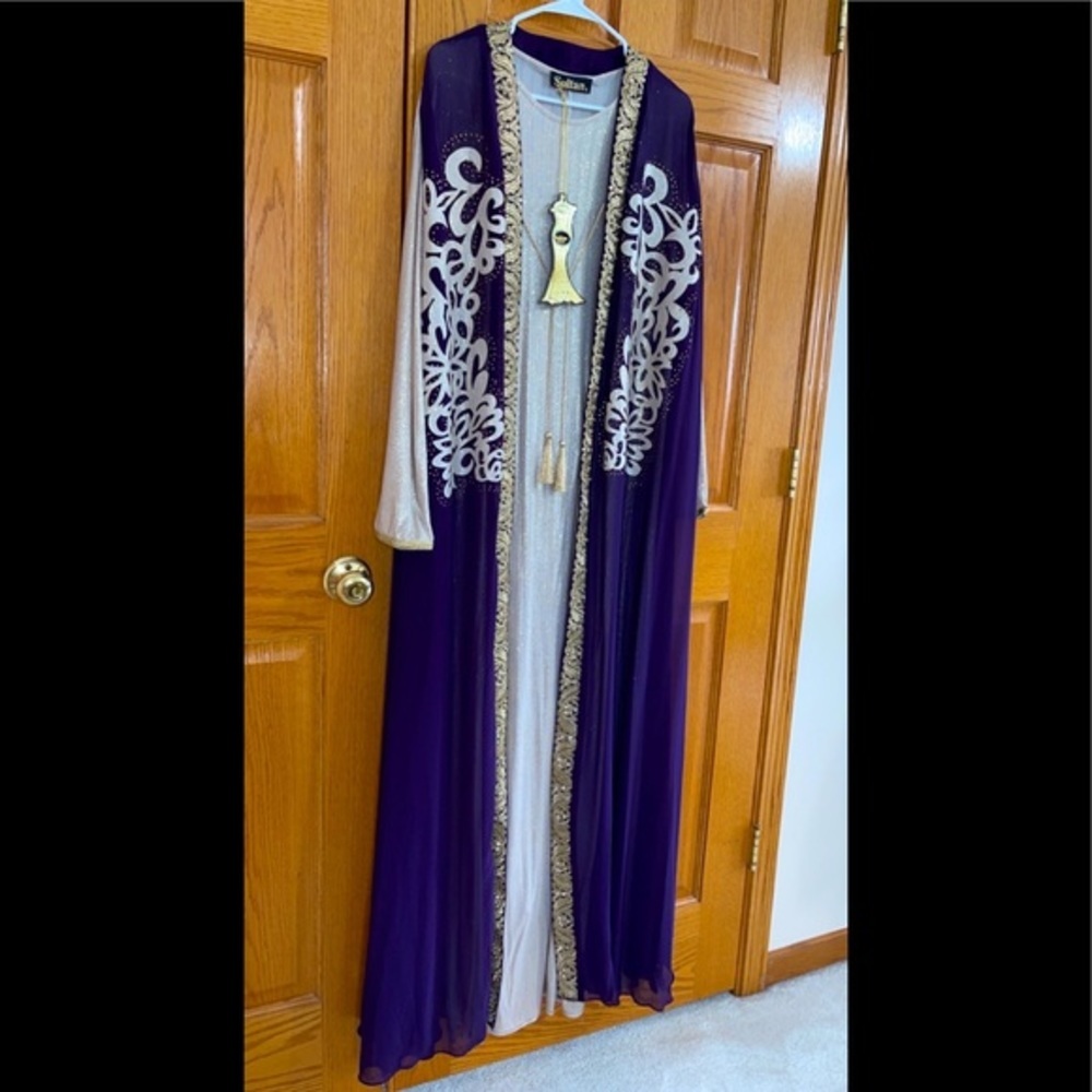 Formal Dress Sizes XL 2XL 3XL 4XL Purple Gold Long Sleeves 2pc Maxi SULTAN Abaya
